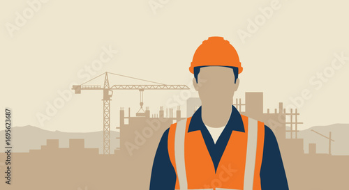 Construction worker wearing orange safety vest and helmet.