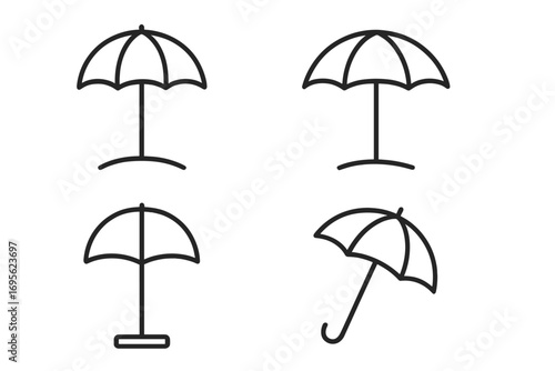 Beach parasol and umbrella simple line icon collection. Sunshade for summer vacation, travel concept. Rain protection weather symbol. Outline pictogram set for web, apps, ui design.