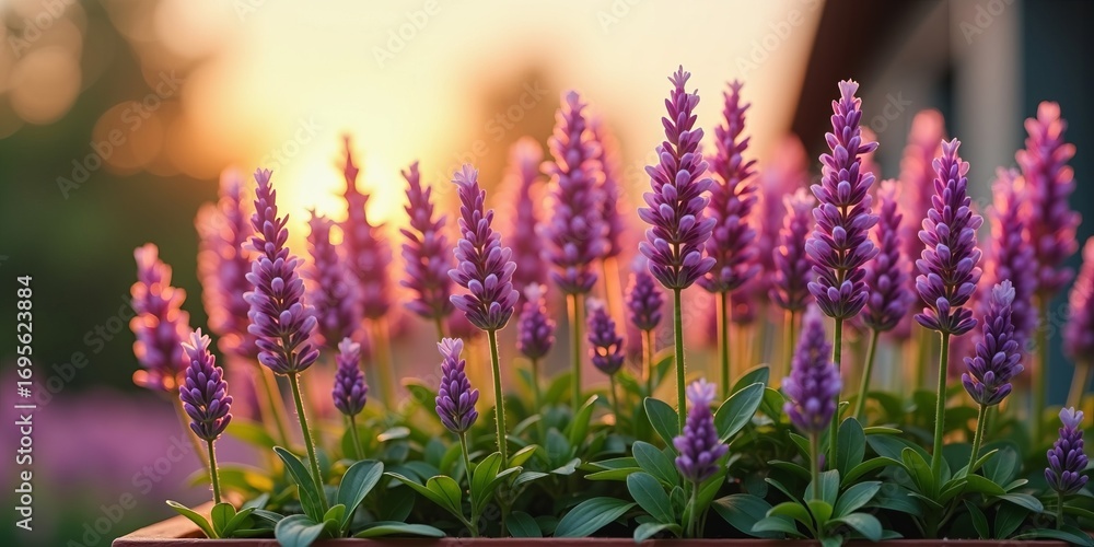 Obraz premium Lavender flowers in full bloom in a garden pot with vibrant purple spikes and lush green leaves at golden sunset outdoors