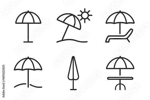 Beach parasol and sunshade line icon set for summer vacation and travel concepts. Umbrella, sun protection, and lounge chair vector pictograms. Editable stroke graphic symbols.