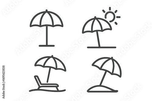 Beach umbrella parasol line icon set. Sunshade summer vacation symbol. Sun protection graphic. Travel seaside resort pictogram. Deck chair lounge silhouette. Editable stroke vector.