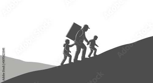 Father and children climbing uphill together towards success and achievement.