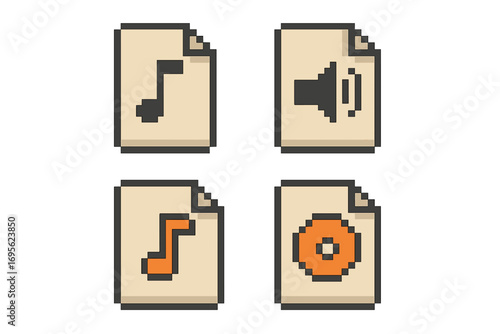 Pixel art music icon set. 8-bit game assets graphics. Retro audio file document symbol collection. Sound, musical note, speaker, vinyl record icons for gaming interface design.