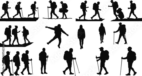 Hiking people silhouette, backpackers walking with sticks, trekking adventure, outdoor exploration, mountain journey, travel lifestyle, camping activity, vector illustration design