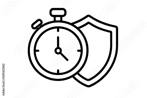 Time protection icon with stopwatch and shield. Fast security and safety guarantee concept. Limited time warranty symbol. Deadline management linear vector illustration.