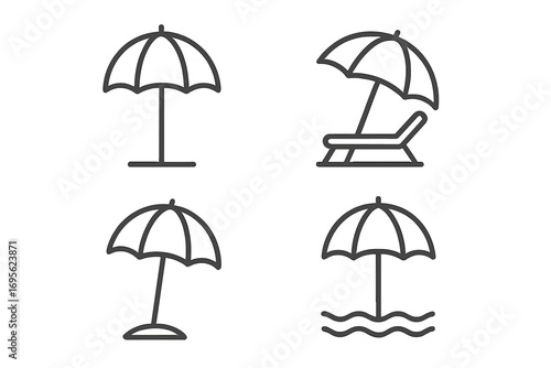 Beach umbrella thin line icon set. Parasol and sunshade vector symbols for summer vacation. Sun protection concept with beach chair, sand, and sea for web and apps.