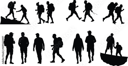 Hiking people silhouette, backpackers walking outdoors, trekking adventure, mountain climbing, camping lifestyle, outdoor exploration, travel journey, couple hikers, vector illustration design