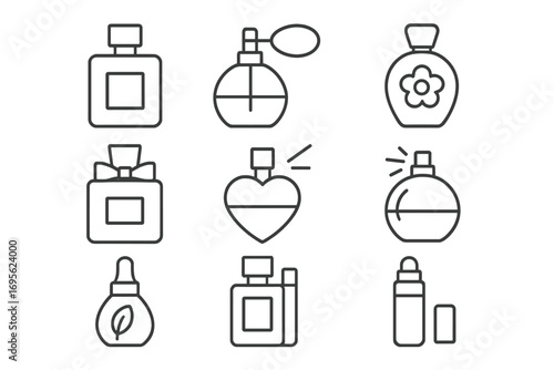 Perfume line icon set. Fragrance bottle collection. Simple cosmetic outline icons. Beauty product symbol. Vector deodorant spray, aroma flacon, scent container. Editable stroke.