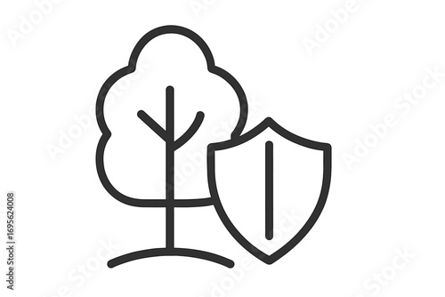 Nature protection icon. Environment conservation. Ecology shield symbol. Tree and shield. Eco friendly concept. Save the planet. Green security. Vector line art illustration.