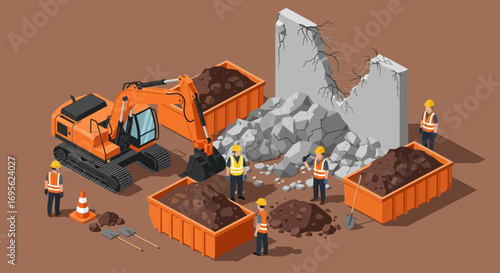 Construction site with excavator and workers demolishing building.