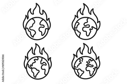 Planet on fire line icon set. Earth burning symbol. Global warming, climate change disaster concept. Ecology crisis sign. Environmental problem vector outline illustration.