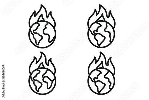 Planet on fire line icon bundle. Concept of global warming, climate change, and environmental disaster. Earth burning vector for ecological crisis and pollution catastrophe.