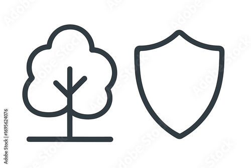 Nature protection icon. Tree with shield sign. Environment safety symbol. Concept of ecology conservation, security, sustainability. Eco friendly metaphor. Growth, stability.