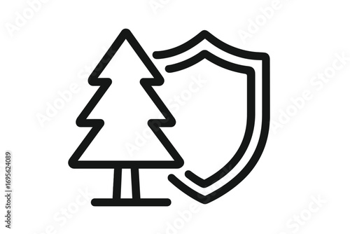 Tree and shield outline icon. Symbol of nature protection, environmental conservation, forest safety. Vector graphic for ecology, security, preservation, and eco concept.