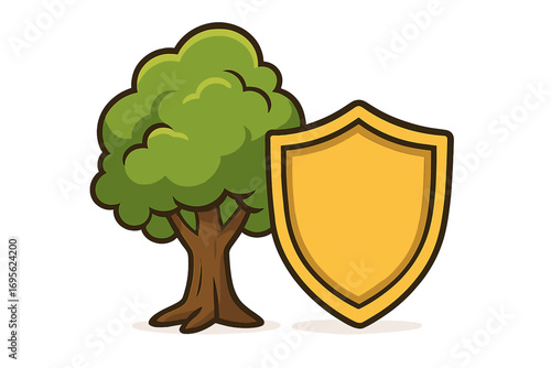 Tree and shield icon for nature protection, environmental safety, and conservation. Eco-friendly concept for security, growth, and insurance. Vector logo for business.