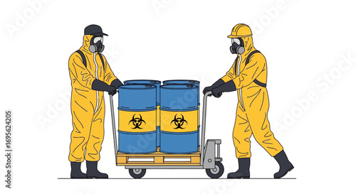 Hazardous material handlers transporting barrels with biohazard symbols.