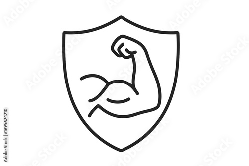 Strong protection icon. Muscular bicep arm in a shield. Concept of power, security, and defense. Health, fitness, and immunity symbol. Vector outline illustration logo.