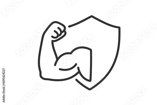 Strength and protection icon. Strong arm muscle and shield symbol. Concept of power, defense, security, and health. Immune system metaphor. Fitness, gym, bodybuilding logo.