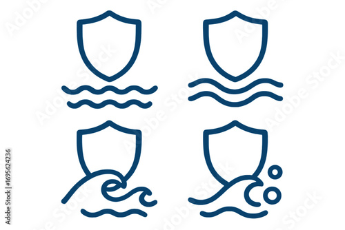 Waterproof icon set. Water resistant and protection symbol. Shield and wave. Hydrophobic defense sign. Liquid repellent guard. Vector line art for web and graphic design.