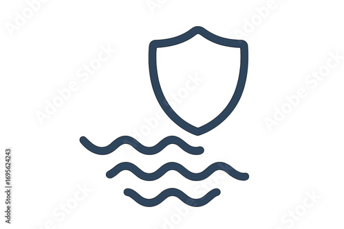 Waterproof icon with shield and water symbol. Water resistant and protection concept for product labeling. Quality guarantee for liquid proof materials. Vector line illustration.