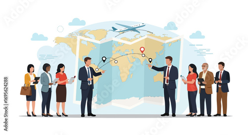 Business team discussing travel plans and global strategy on a world map.