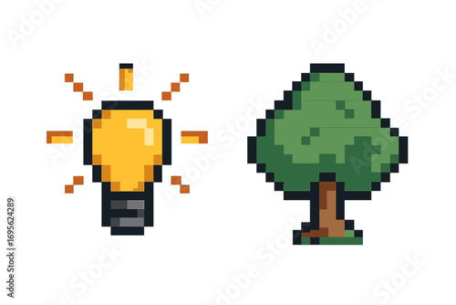 Pixel art light bulb and tree icon set. 8-bit game style vector illustration. Concepts of green energy, eco-friendly ideas, nature, environment, conservation, and electricity.