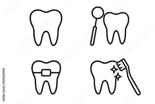 Dental care icon set. Tooth, dentistry, orthodontics signs. Oral hygiene, brushing, cleaning. Teeth checkup, examination with mirror. Braces for alignment. Stomatology.