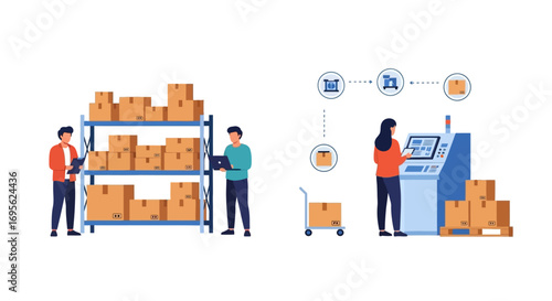 Warehouse workers managing inventory and operating automated machinery.