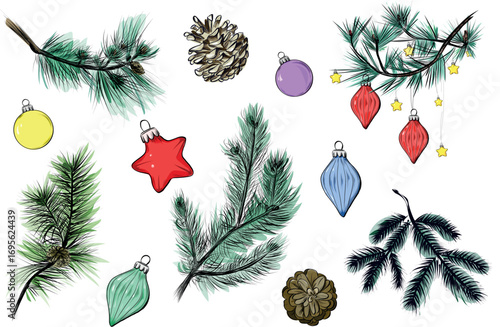 Christmas ornament set with fir and pine branches vector