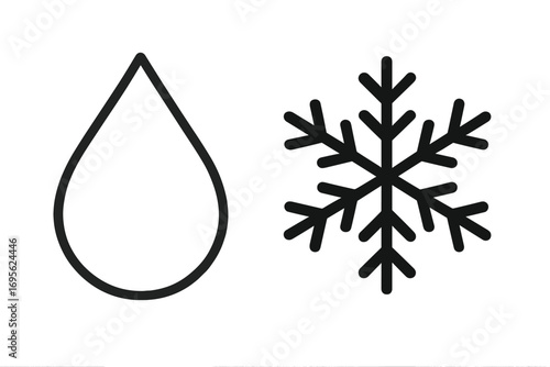 Water drop and snowflake icon. Rain and snow symbol. Weather forecast design element. Climate change metaphor from liquid to solid state. Freezing and melting process. Line art.