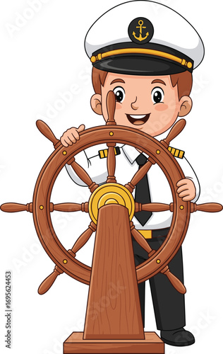 Cartoon ship captain illustration, young sailor steering wooden helm, nautical maritime theme, boating and navigation concept, cad drawing flat vector illustration