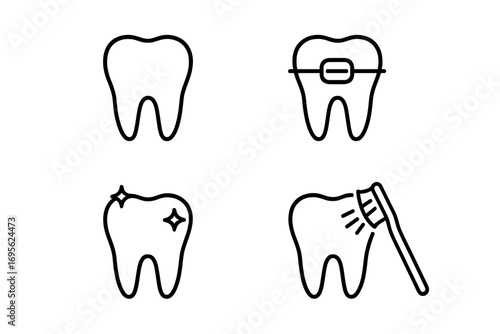 Dental care line icon set. Dentistry, orthodontics, and hygiene concepts. Vector pictograms of teeth, braces, brushing, and whitening for web, apps, and dental clinics.