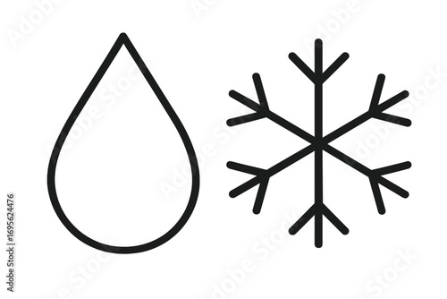 Weather icon set with water drop and snowflake symbols. Simple outline vector illustration for rain and snow concepts. Climate, freezing, winter, and precipitation graphic design.