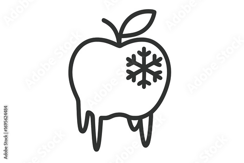 Frozen apple icon melting, thawing fruit concept. Vector outline illustration for climate change, global warming. Fresh food preservation or spoilage. Winter to summer.