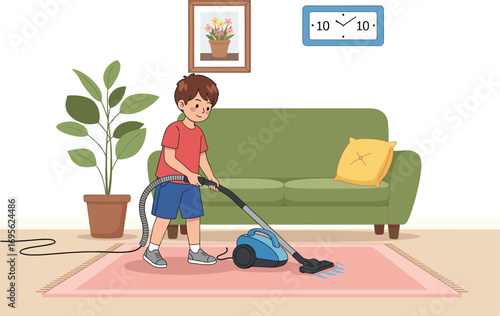 Child vacuuming carpet illustration, young kid cleaning living room, household chores and cleanliness concept, home responsibility and hygiene, cad drawing flat vector illustration