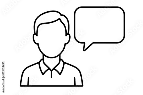 Faceless man with speech bubble vector icon. Anonymous user avatar symbol for communication, feedback, and customer support. Person talking, comment or message concept line art.