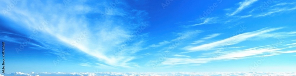Obraz premium Expansive blue sky with streaks of cirrus clouds and horizon view. Ideal for peaceful backgrounds, nature visuals, and sky-themed creative designs.