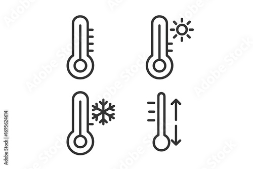 Thermometer temperature line icon set. Weather forecast symbols with sun for hot and snowflake for cold. Climate control, heat and freeze level pictogram collection. Simple outline vector.