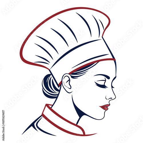 Minimalist line art chef face with toque blanche and red accents vector illustration