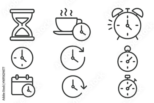 Time management and productivity vector icon set. Contains clock, hourglass, stopwatch, alarm, and calendar for deadline and schedule concepts. Line art for apps and graphics.