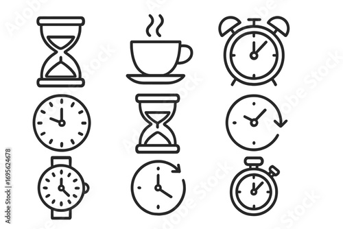 Time management line icon set. Clock, watch, timer, hourglass, and alarm icons. Schedule, deadline, and coffee break concepts. Vector graphic elements for app and web design.