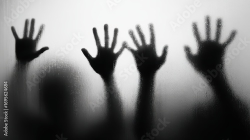 Shadowy silhouettes of hands pressed against frosted glass, creating an eerie and mysterious atmosphere