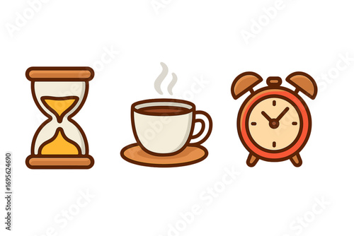 Time icon set with hourglass, coffee break cup, and alarm clock. Vector graphics for concepts like deadlines, productivity, morning routine, and time management for apps.