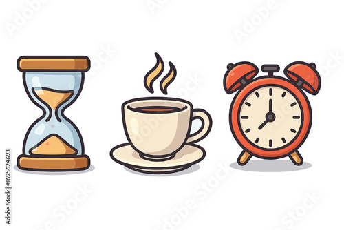 Time management and productivity vector icon set with hourglass, alarm clock, and coffee cup. Concept for deadlines, schedules, morning routines, and taking a coffee break.