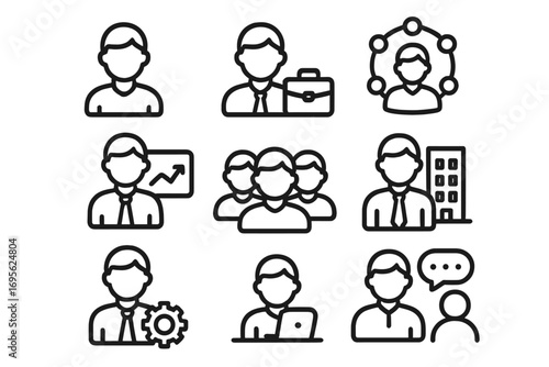 Business user icon set. Employee, staff, and team avatar collection. Line icons for work, job, company, and corporate concepts. Includes worker, manager, and profile symbols.
