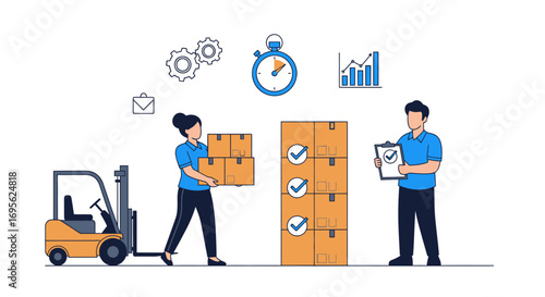 Warehouse workers loading boxes and checking inventory for delivery.