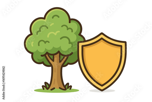 Nature protection concept with tree and shield. Environmental conservation and security symbol. Eco friendly, ecology and green safety idea. Vector icon for insurance.