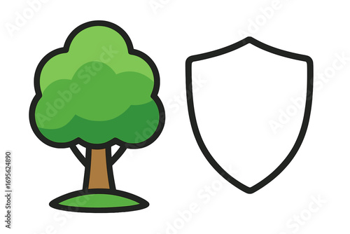 Environment protection concept. Tree and shield icon. Metaphor for nature conservation, ecology, and security. Green forest safety symbol. Vector illustration isolated.