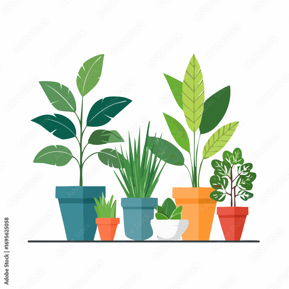 Obraz premium Assorted potted plants with vibrant green leaves and colorful pots on a shelf