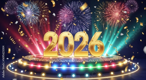 Golden 2026 on a stage with fireworks and confetti for a New Year celebration